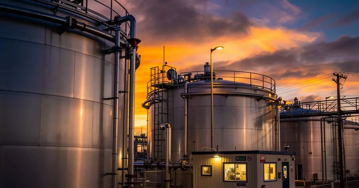 Industrial petrochemical refinery with fire suppression systems and storage tanks