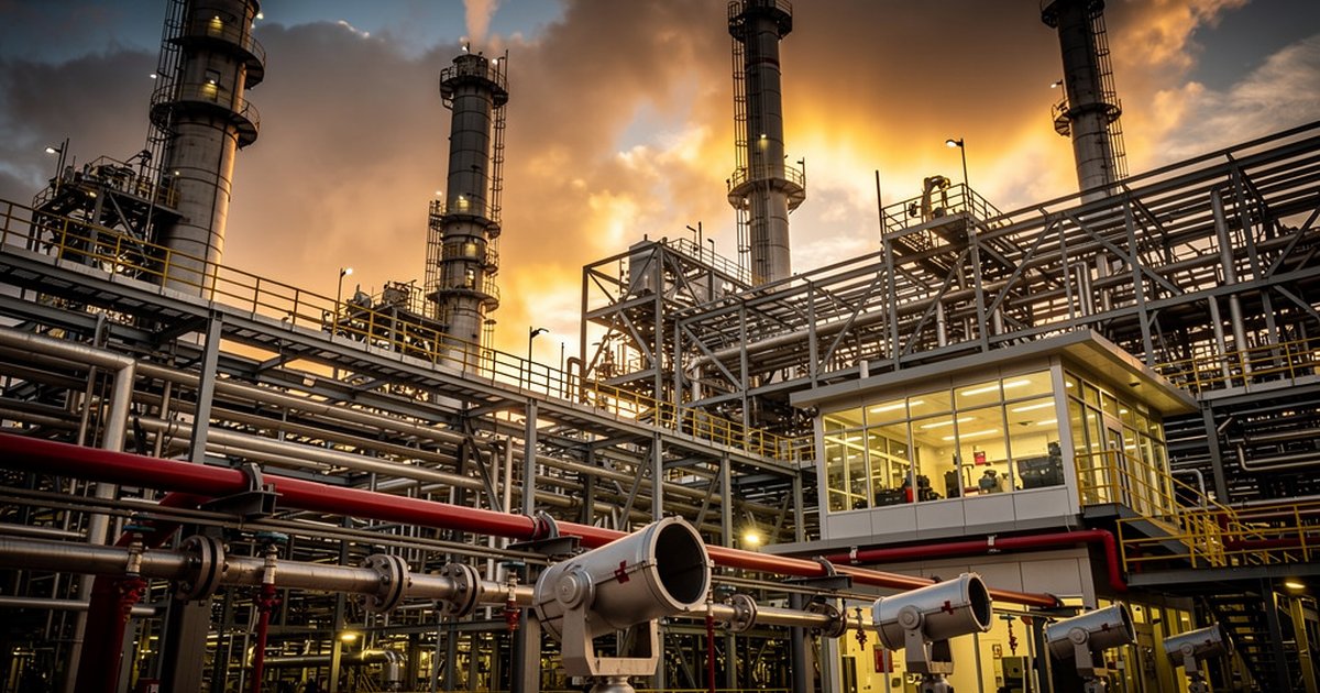 Petrochemical refinery at dusk with fire protection systems and pipe racks — root cause lessons from industrial fires