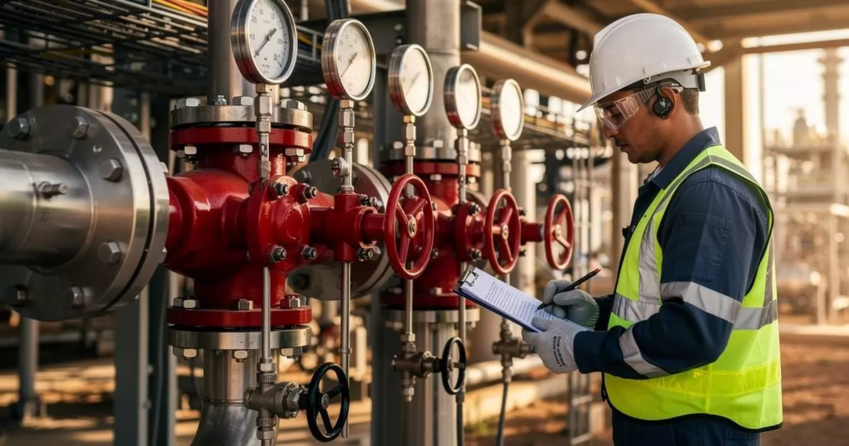 NFPA 25 fire suppression control valve inspection at an industrial refinery facility