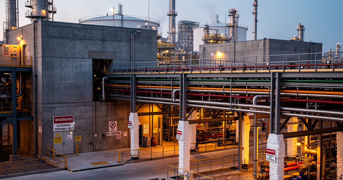 Industrial process facility showing fire compartmentation walls and structural fireproofing between process units