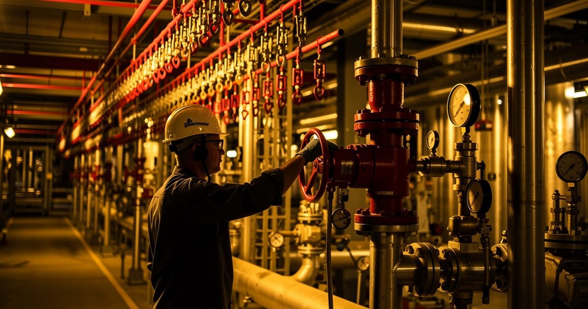Industrial fire protection system inspection — overhead sprinkler piping and control valves in a petrochemical facility