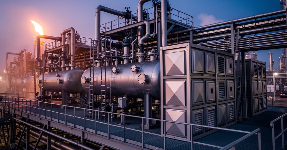 Industrial process facility with explosion vent panels and pressure vessels at dusk