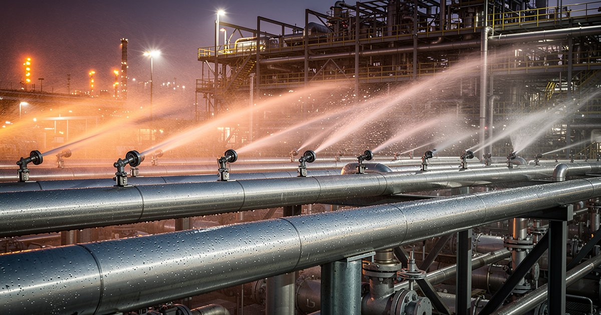 Fixed water spray deluge system nozzles on industrial process piping at a petrochemical facility