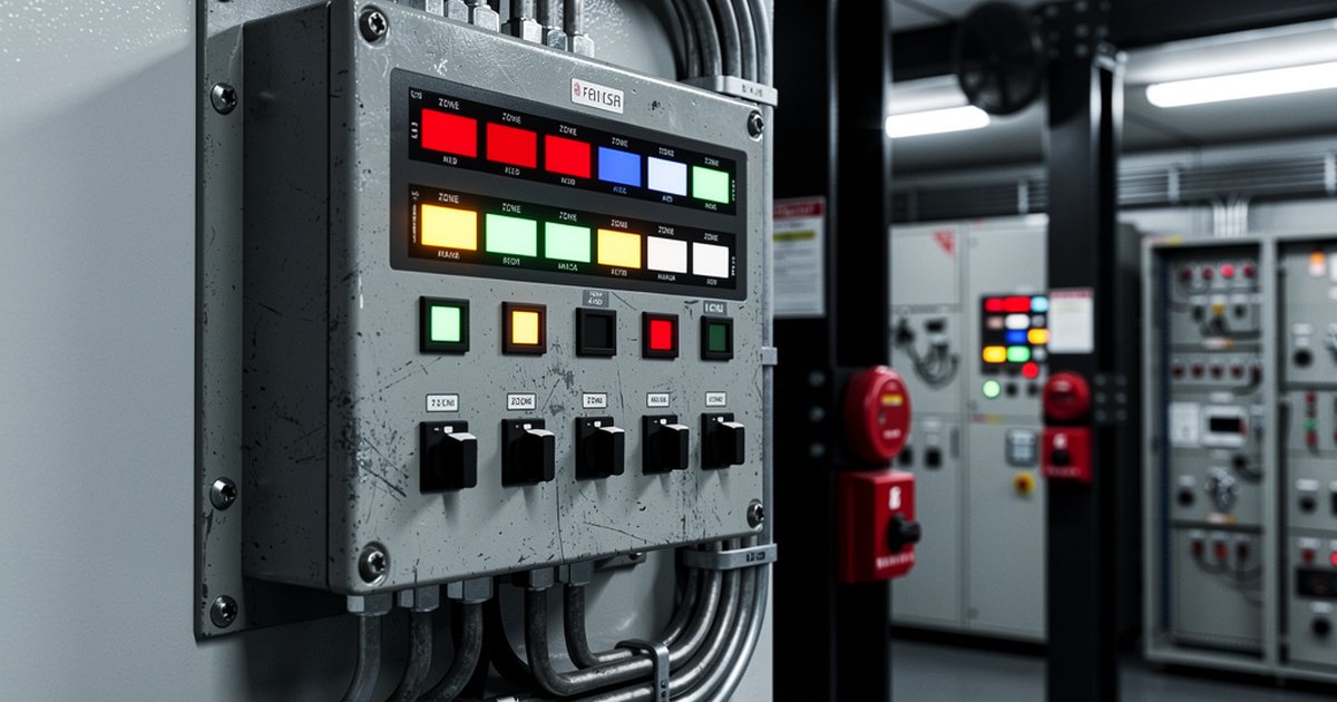 Industrial fire alarm system control panel in a petrochemical facility control room