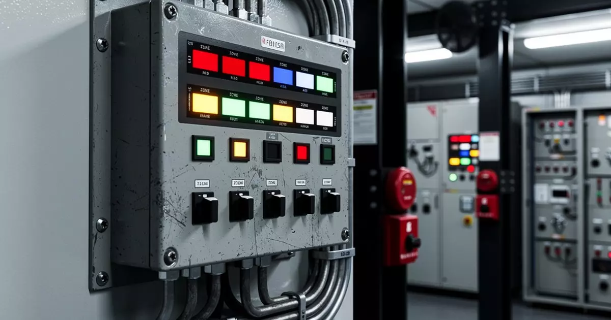 Industrial fire alarm system control panel in a petrochemical facility control room