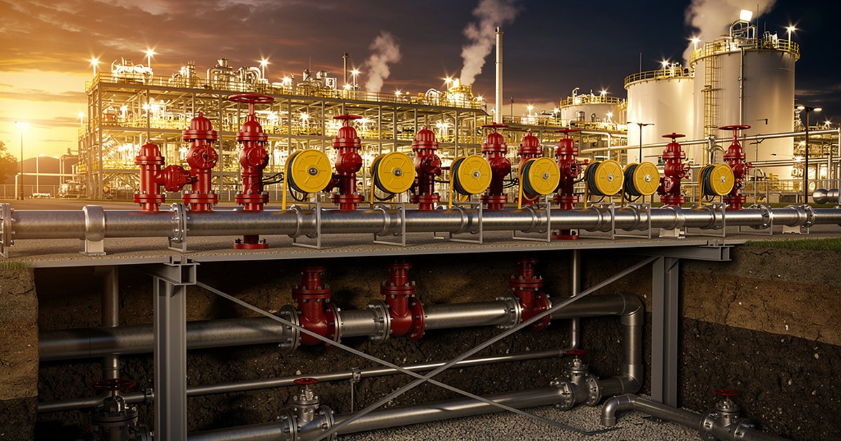 Industrial yard hydrant and hose reel system at a petrochemical facility