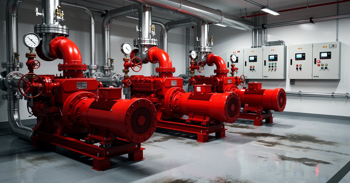 Industrial fire pump room with red centrifugal fire pumps and diesel engine drivers, NFPA 20 compliant installation