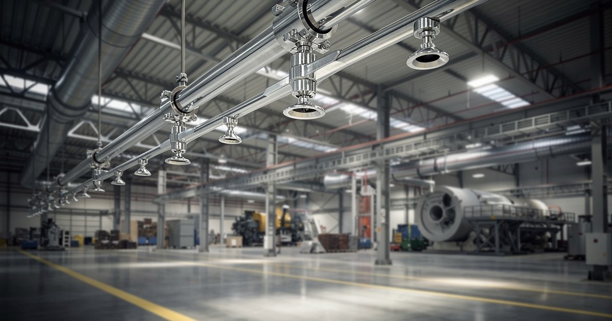 Industrial automatic fire sprinkler system with chrome heads and steel pipe network in a high-bay process facility