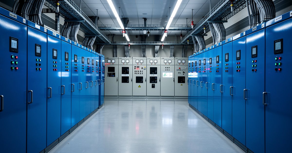 Industrial electrical room with switchgear panels and fire suppression system