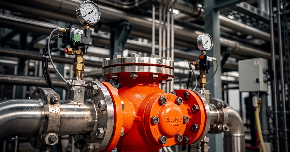 ai-hero Industrial deluge valve manifold and fire suppression piping in a petrochemical process facility