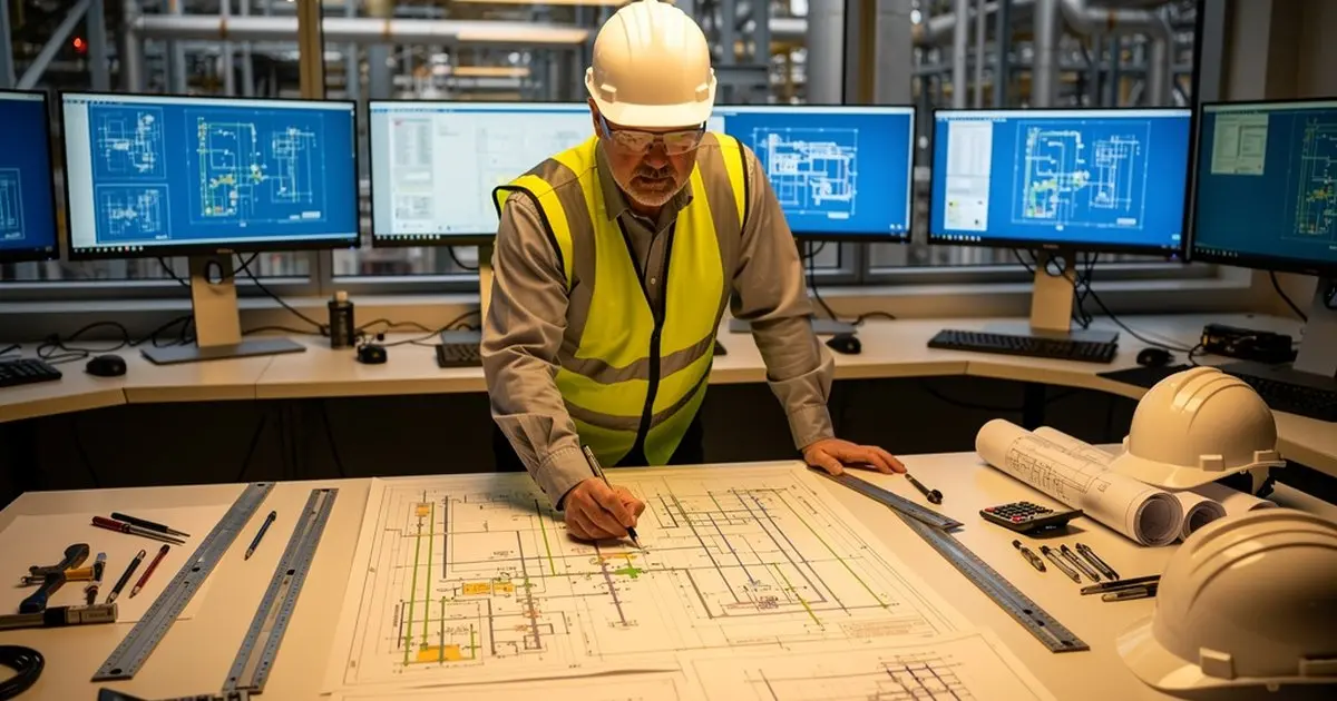 Fire protection engineer reviewing industrial facility plan drawings and NFPA compliance schematics