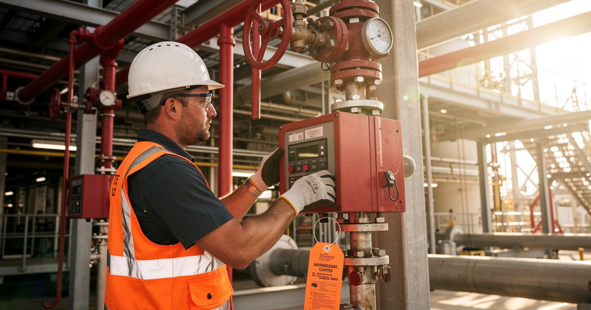 Fire protection engineer inspecting impaired suppression system control valve at an industrial refinery facility